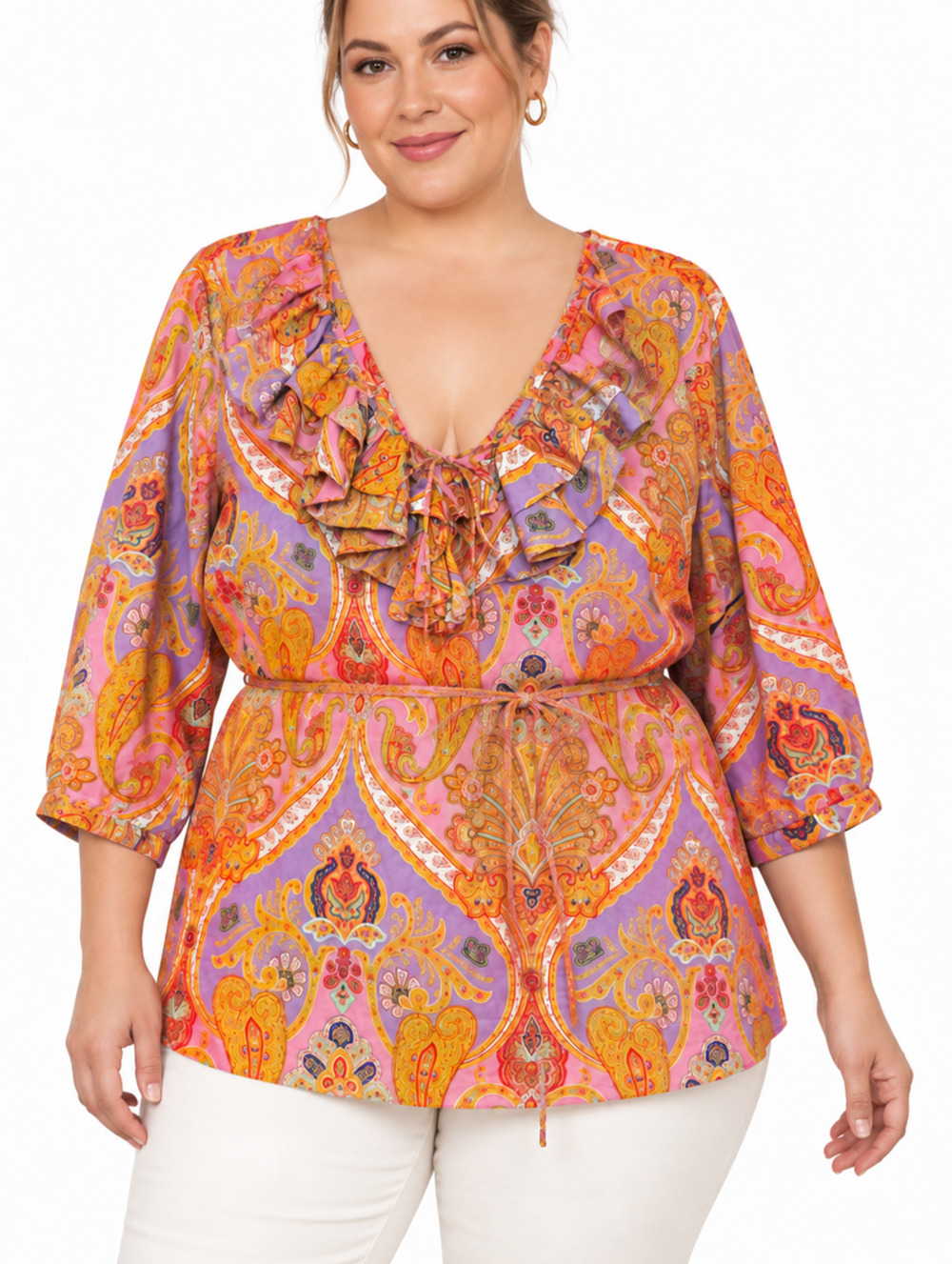 Lauren Ralph Lauren 3X Paisley Ruffle Tie Front Cotton Blouse Tunic Boho Peasant